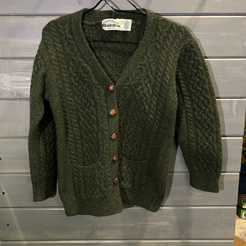 Aran Crafts Dark Green Cable-Knit Wool Cardigan